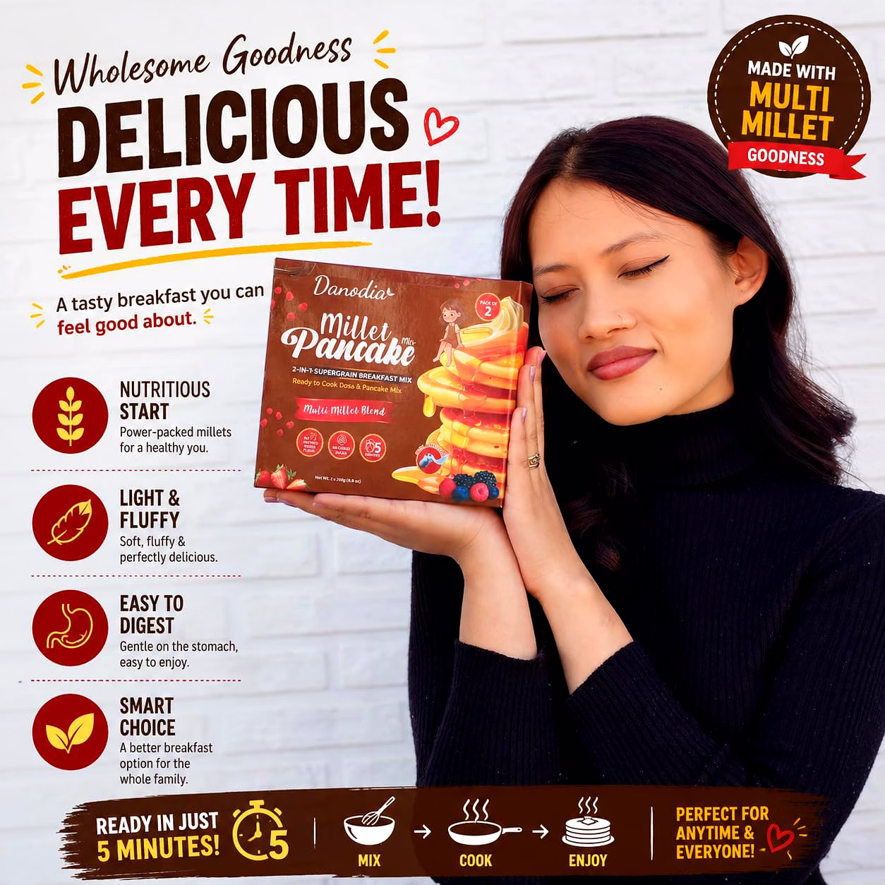 Danodia Foods Millet Pancake (250g / 8.82 oz Each) | Lightly Savory, Mild Grain Taste | Easy Breakfast & Snack Mix | Pack of 2 image 1