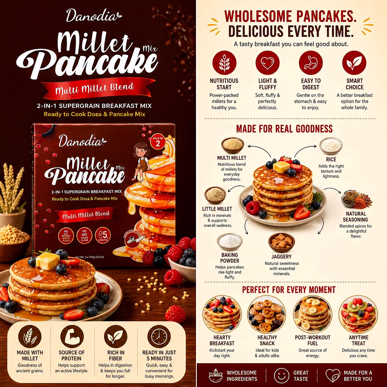 Danodia Foods Millet Pancake (250g / 8.82 oz Each) | Lightly Savory, Mild Grain Taste | Easy Breakfast & Snack Mix | Pack of 2 image 2