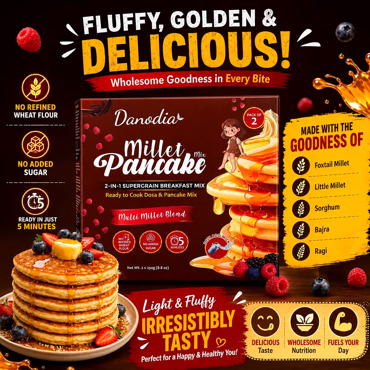 Danodia Foods Millet Pancake (250g / 8.82 oz Each) | Lightly Savory, Mild Grain Taste | Easy Breakfast & Snack Mix | Pack of 2 image 3