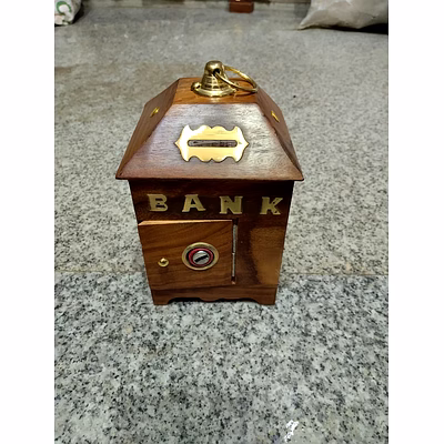 wooden piggy coin bank hut shape