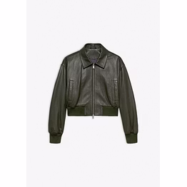 women’s green leather bomber jacket, cropped zip up real leather flight coat