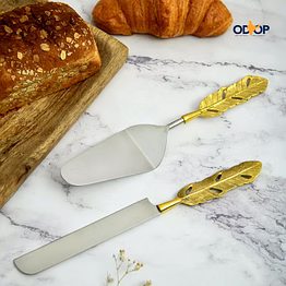cake knife and server set with brass handles stainless steel
