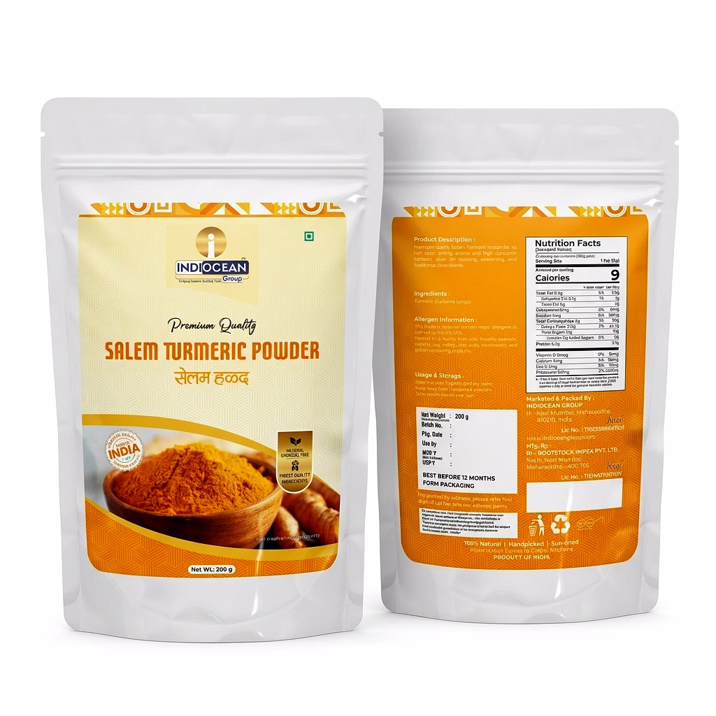indiocean group salem turmeric powder | premium haldi powder | high curcumin, rich color & strong aroma | 100% natural, no additives | hygienically processed | export quality | turmeric powder 200gms