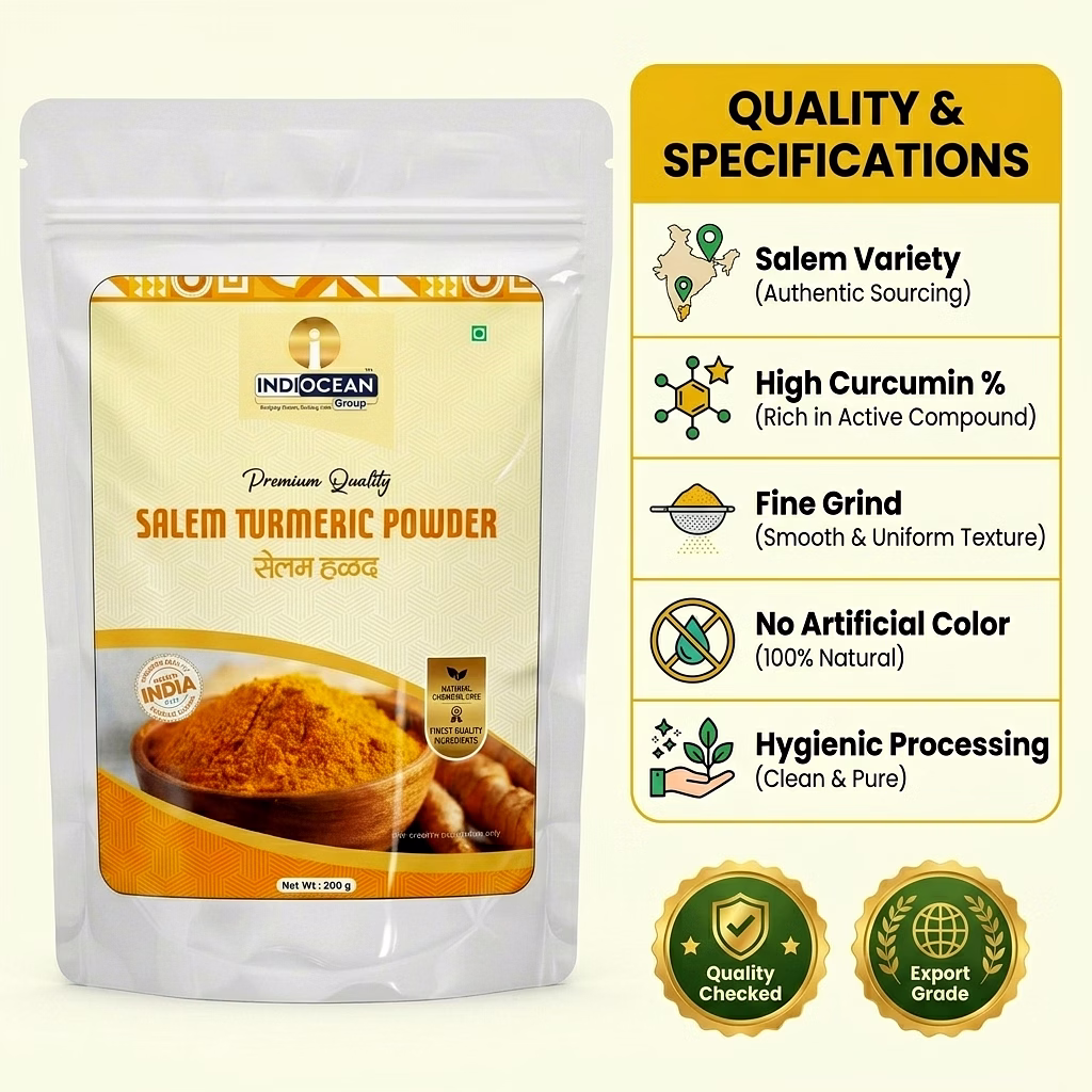 INDIOCEAN GROUP Salem Turmeric Powder | Premium Haldi Powder | High Curcumin, Rich Color & Strong Aroma | 100% Natural, No Additives | Hygienically Processed | Export Quality | Turmeric Powder 200gms image 3