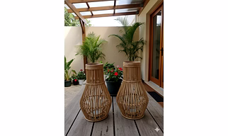 Rattan tabletop or floor candle lantern with glass jar