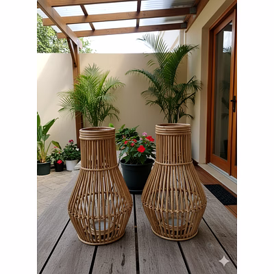 rattan tabletop or floor candle lantern with glass jar