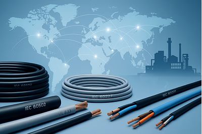 “IEC and UL compliant electrical cables with a global map background representing international cabl