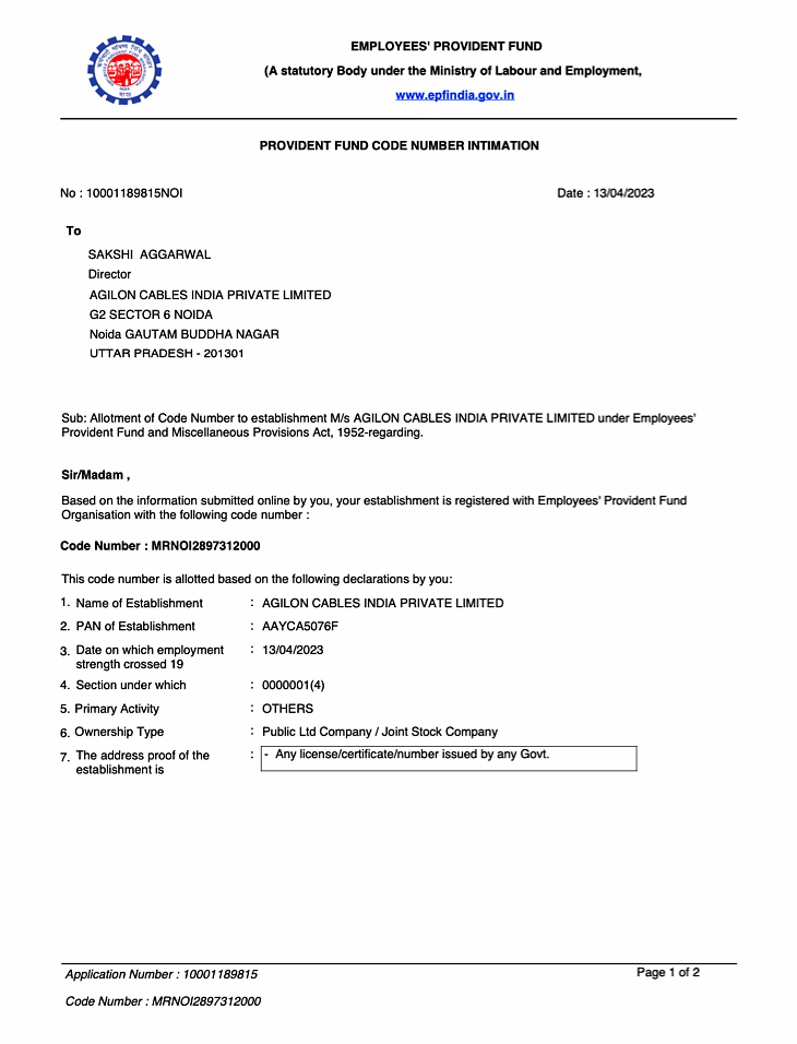 EPFO Registration Certificate