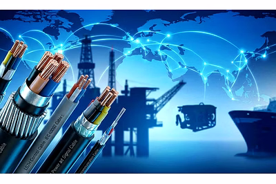 “Marine-grade offshore cable cross-sections with an oil rig and global energy network in the backgro