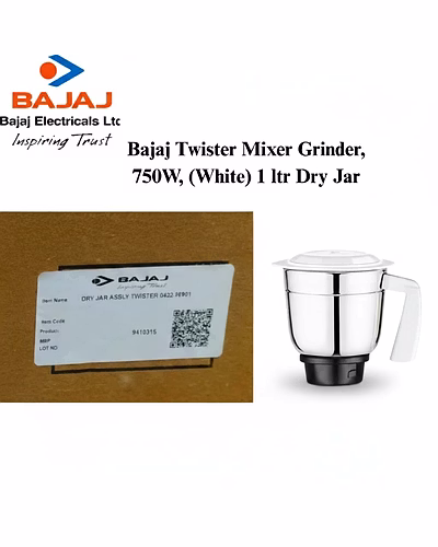 Bajaj Original 1 Litre Dry Jar Assembly for Twister Mixer Grinder | Genuine Stainless Steel Spare Jar with White Handle | Compatible with Bajaj Twister &amp; Similar Models-1