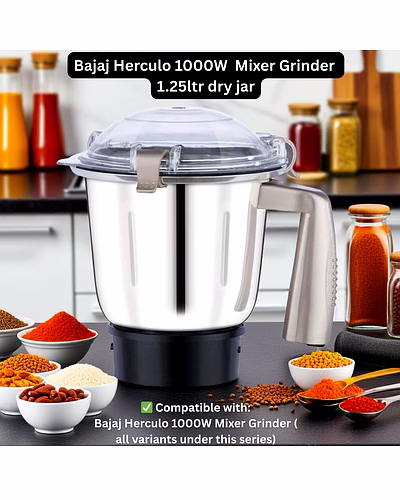 Bajaj Original 1.25L Dry Jar Assembly for Herculo MG 1000 Mixer Grinder | Genuine Replacement Stainless Steel Jar with Handle &amp; Lid | Compatible with Bajaj Herculo MG &amp; Similar Models-3