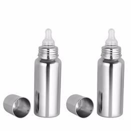 shrishti stainless steel baby feeding bottle for milk and drinks with silicon nipple with cover, 250ml for one month baby and above, no leakage bpa free bottle (250ml) (pack of 2) silver