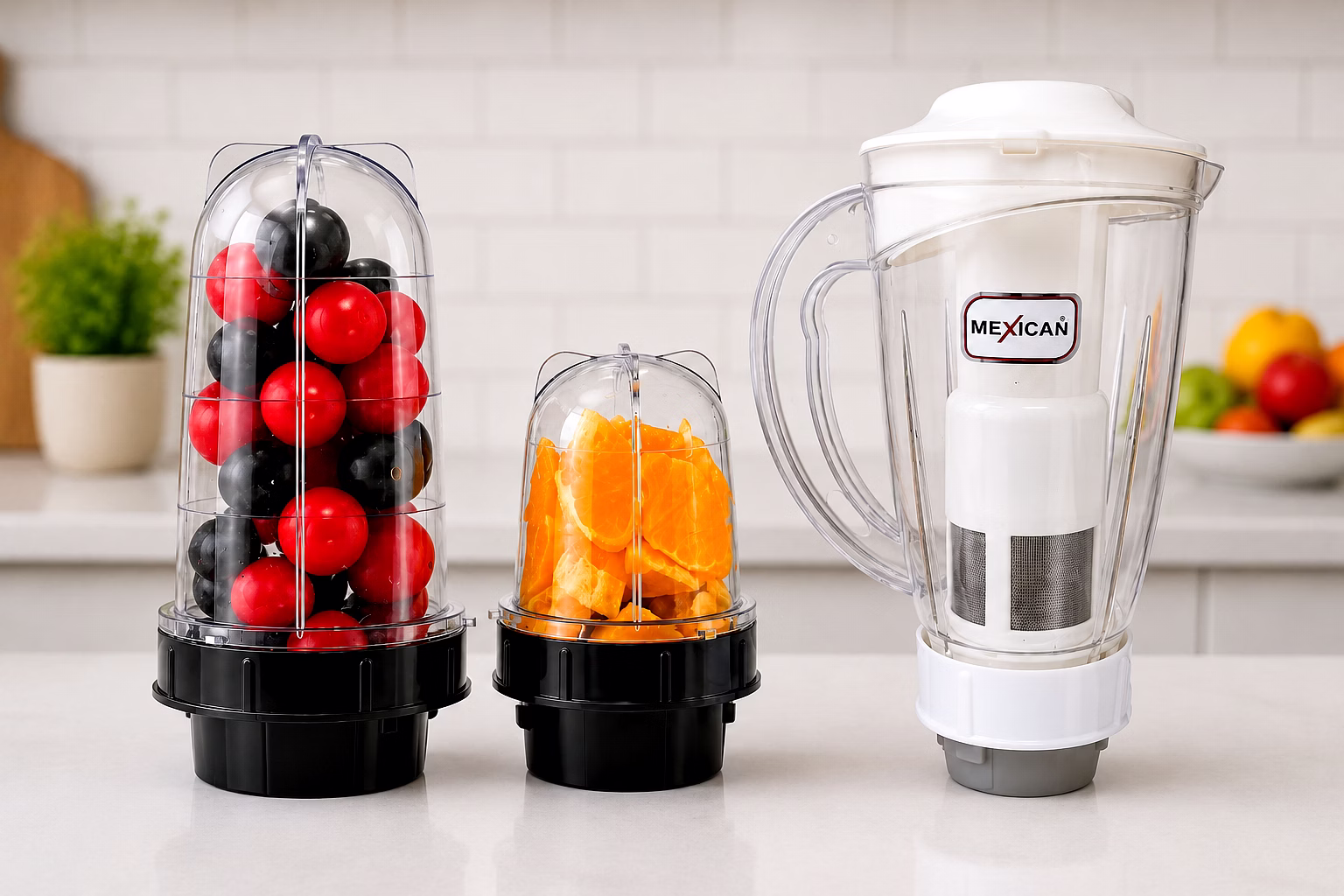 Mexican Juicer Jar Set of 3 (1500ml, 500ml & 300ml) | ABS Plastic Mixer Jars | Beige & Black image 2