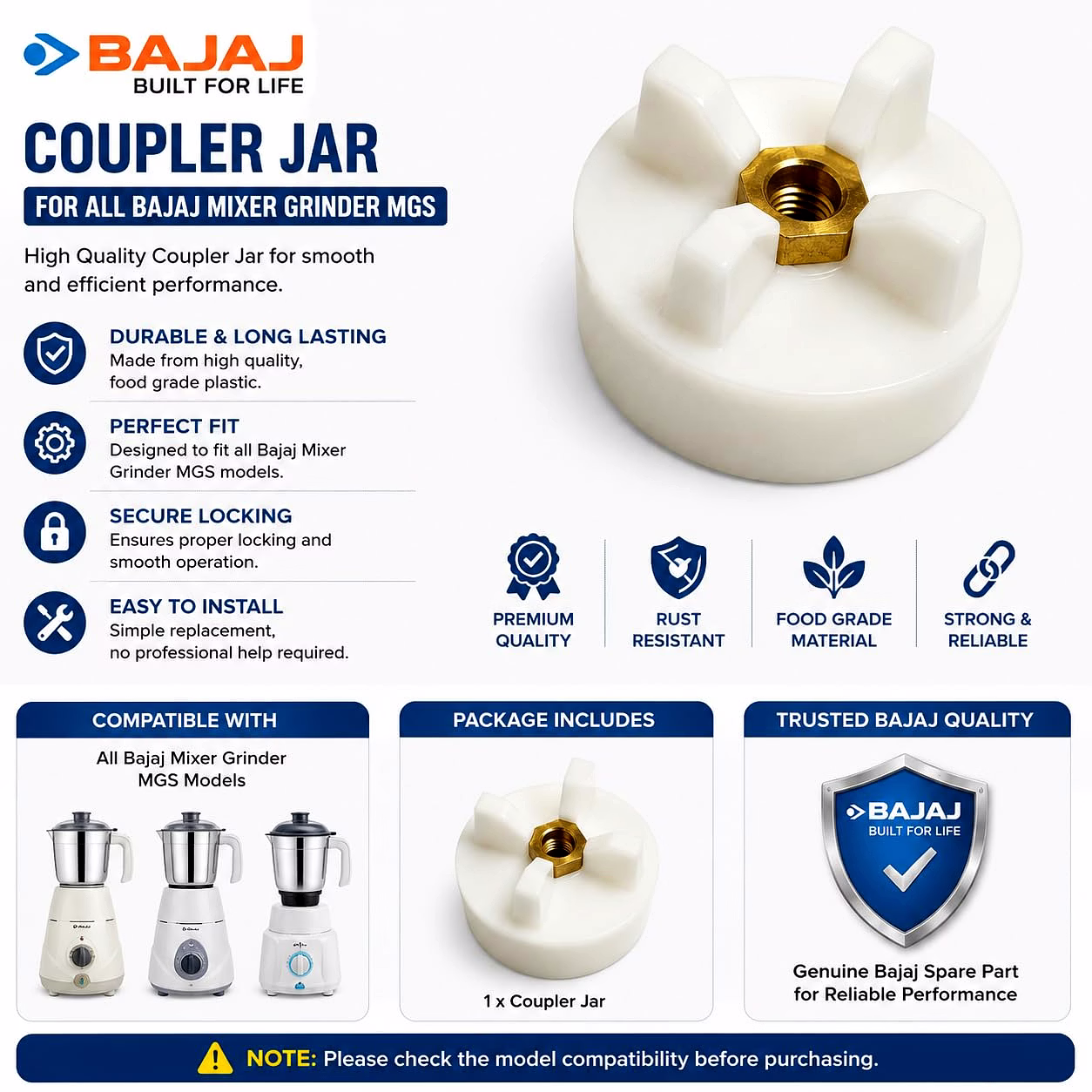 Bajaj Original Mixer Grinder Jar Coupler Pack of 2 | Compatible with Bajaj & MR Mixer Grinders | Heavy Brass Insert image 4