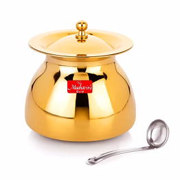 maahavira gold iconic sartaj 18g stainless steel gold pvd ghee pot with spoon, oil pot, multipurpose container for kitchen & dining