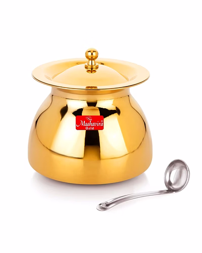 Maahavira Gold Iconic Sartaj 18g Stainless Steel Gold PVD Ghee Pot with Spoon, Oil Pot, Multipurpose Container for Kitchen &amp; Dining-mg-01