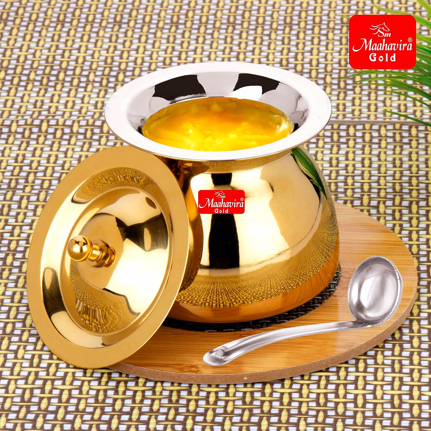 Maahavira Gold Iconic Sartaj 18g Stainless Steel Gold PVD Ghee Pot with Spoon, Oil Pot, Multipurpose Container for Kitchen & Dining image 2