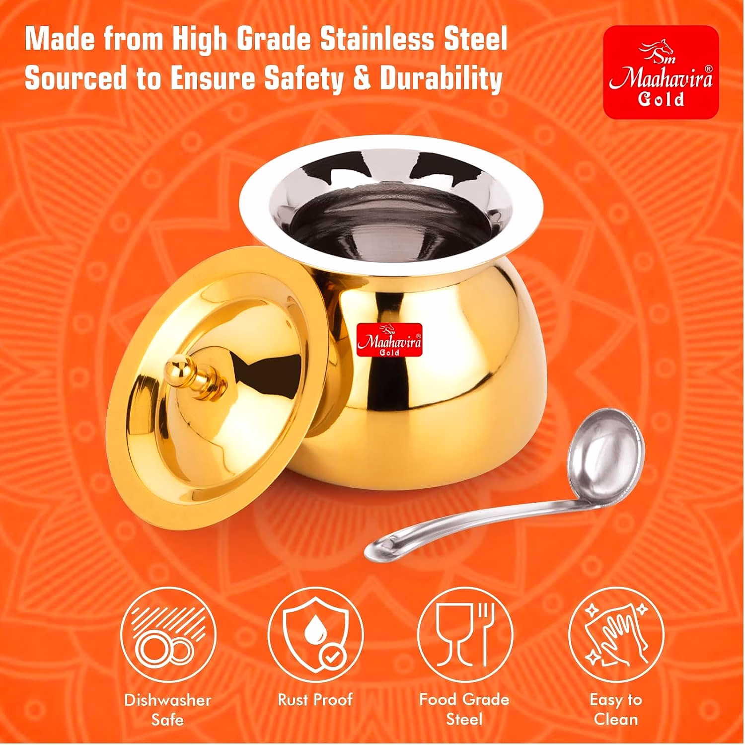 Maahavira Gold Iconic Sartaj 18g Stainless Steel Gold PVD Ghee Pot with Spoon, Oil Pot, Multipurpose Container for Kitchen & Dining image 4