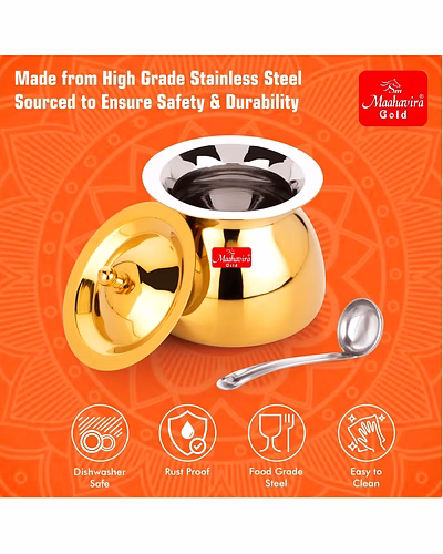 Maahavira Gold Iconic Sartaj 18g Stainless Steel Gold PVD Ghee Pot with Spoon, Oil Pot, Multipurpose Container for Kitchen &amp; Dining-3