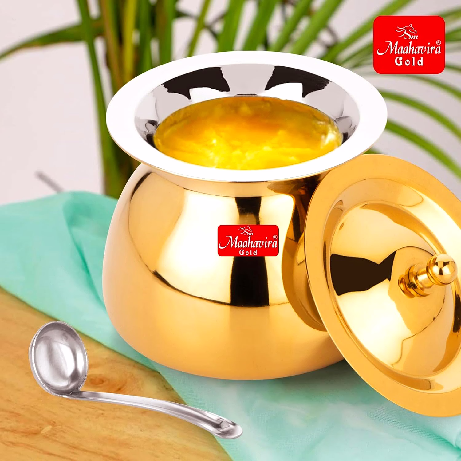Maahavira Gold Iconic Sartaj 18g Stainless Steel Gold PVD Ghee Pot with Spoon, Oil Pot, Multipurpose Container for Kitchen & Dining image 5