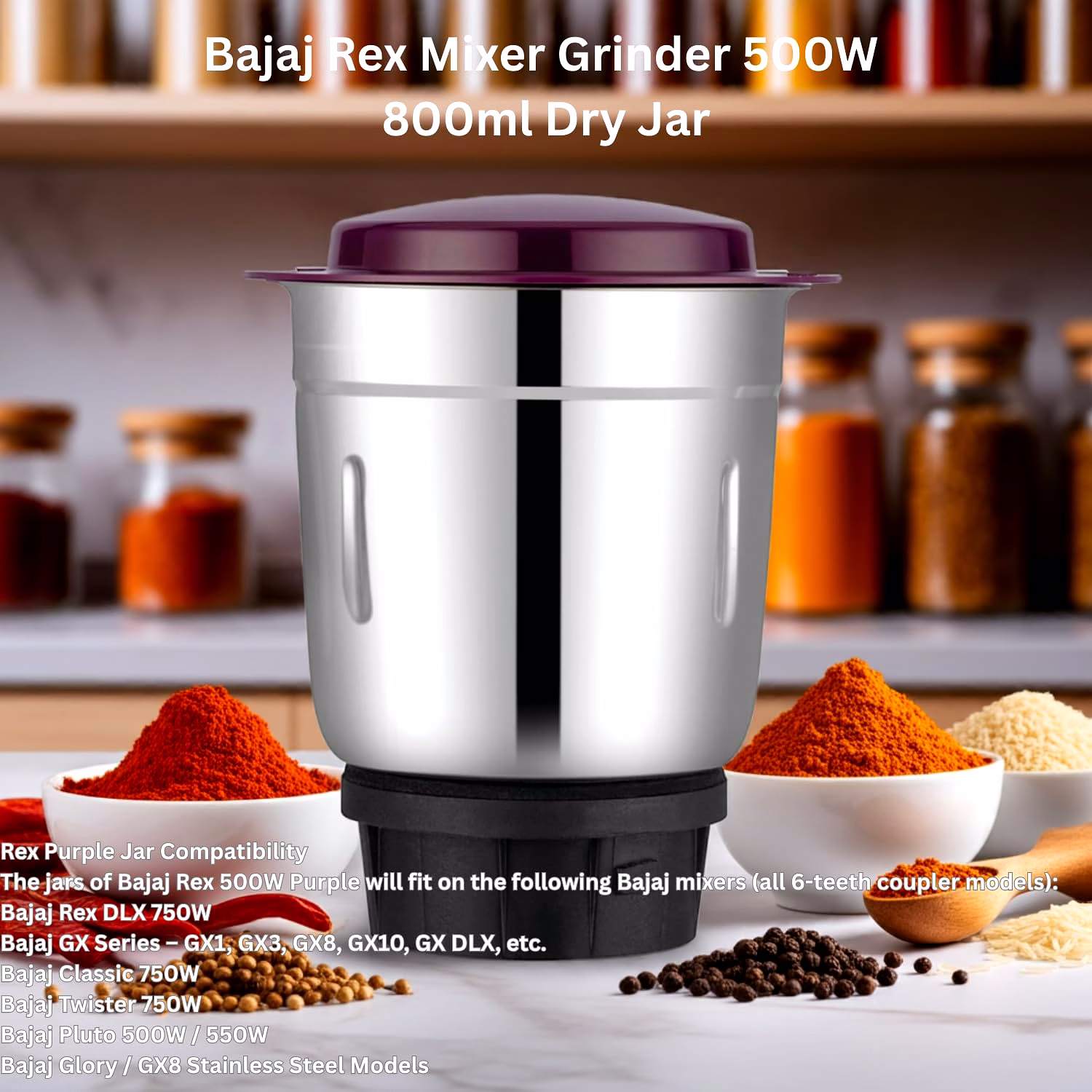 Bajaj Original 800ml Dry Jar Assembly for Rex Mixer Grinder | Genuine Replacement Jar | Compatible with Bajaj Rex & Similar Models image 3