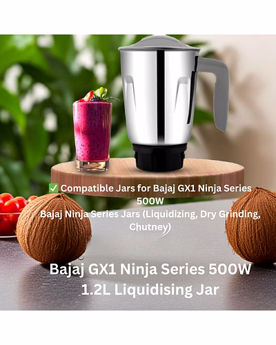Bajaj Original 1.2 Litre Liquid Jar Assembly for GX1 Ninja Series Mixer Grinder | Genuine Stainless Steel Replacement Jar with Handle &amp; Lid-2