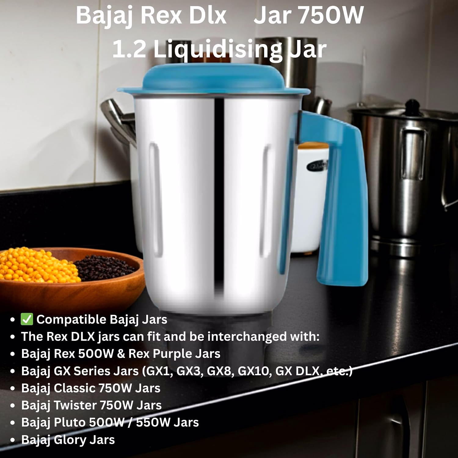 Bajaj Original 1.2 Litre Liquid Jar Assembly for Rex DLX Mixer Grinder | Genuine Replacement Jar with Handle & Lid image 3