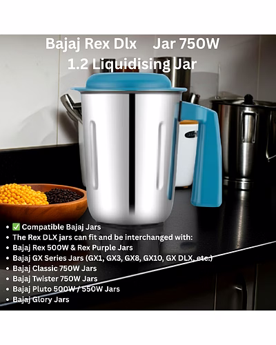 Bajaj Original 1.2 Litre Liquid Jar Assembly for Rex DLX Mixer Grinder | Genuine Replacement Jar with Handle &amp; Lid-2