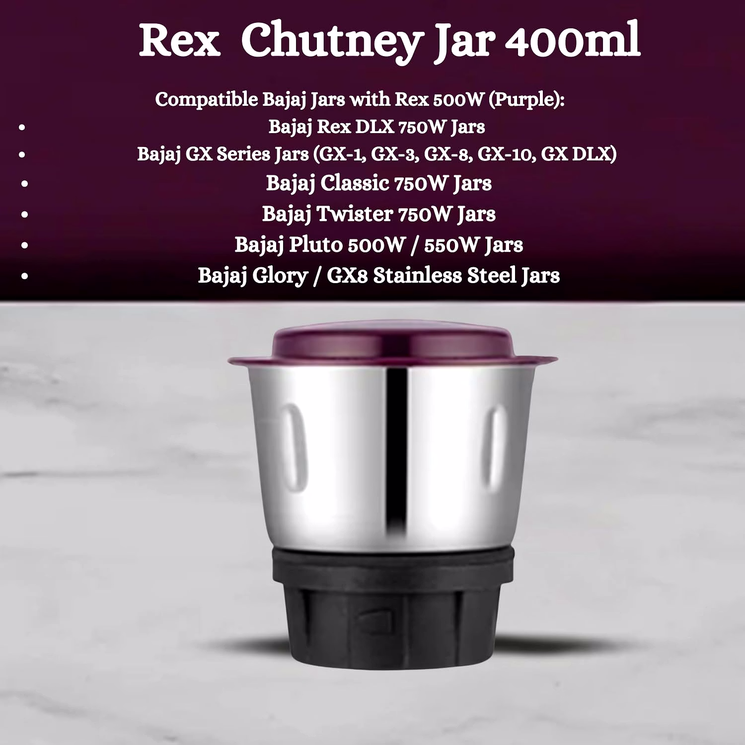 Bajaj Original 400ml Chutney Jar for Rex Purple 500W Mixer Grinder | Genuine Replacement Jar for Bajaj Mixer image 3