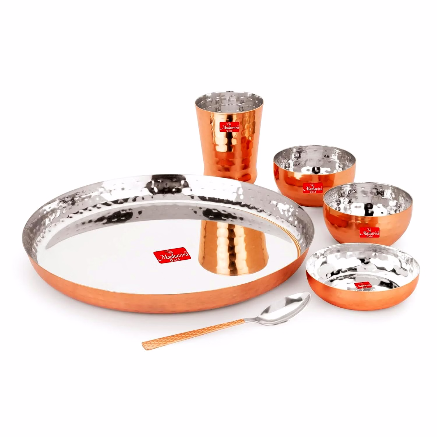 maahavira gold round copper hammered finish dinner sets used for home & restaurant with 1 thali, 2 bowls, 1 sweet dish, 1 glass & 1 spoon-set of 6