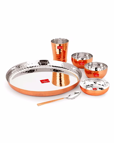Maahavira Gold Round Copper Hammered Finish Dinner Sets Used for Home &amp; Restaurant with 1 Thali, 2 Bowls, 1 Sweet Dish, 1 Glass &amp; 1 Spoon-Set of 6-mg02-01