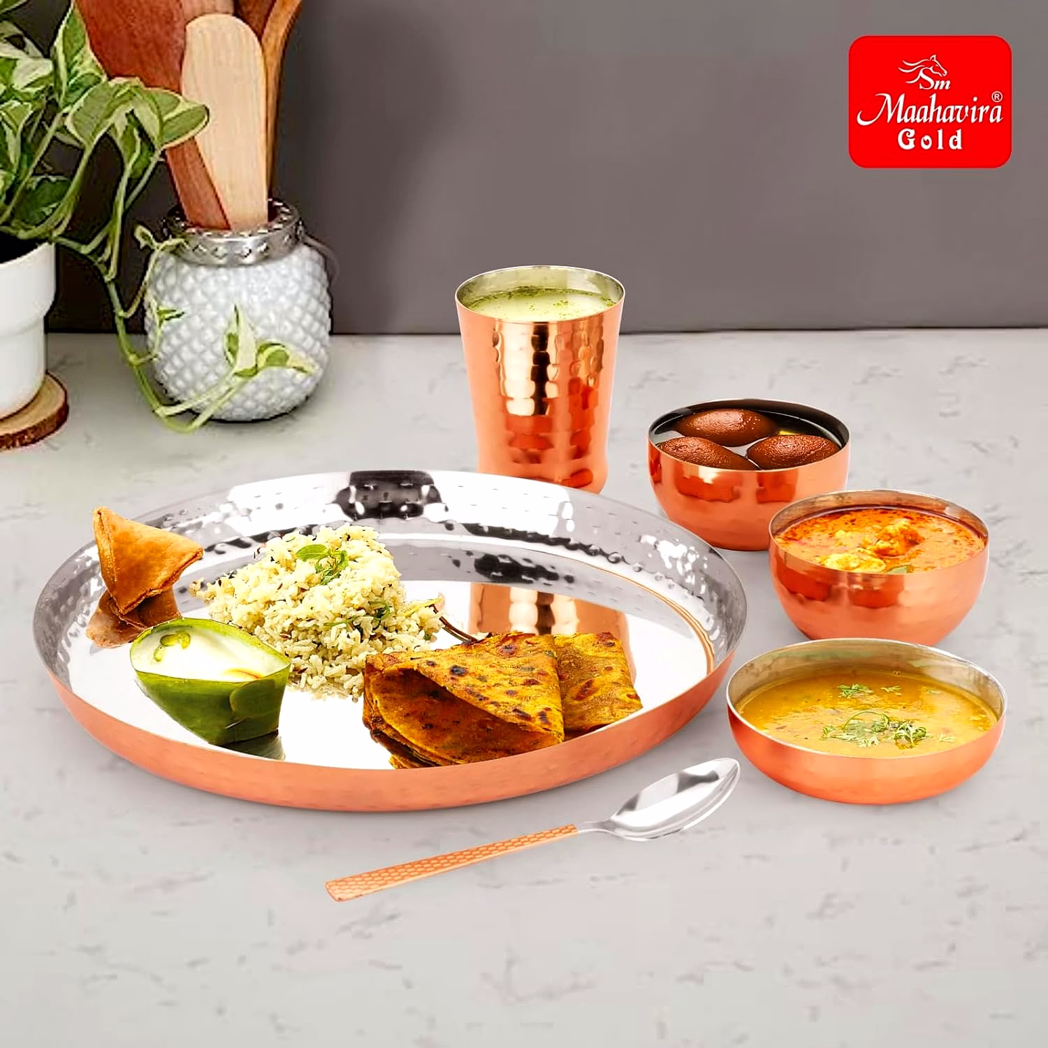 Maahavira Gold Round Copper Hammered Finish Dinner Sets Used for Home & Restaurant with 1 Thali, 2 Bowls, 1 Sweet Dish, 1 Glass & 1 Spoon-Set of 6 image 2