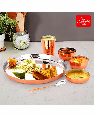 Maahavira Gold Round Copper Hammered Finish Dinner Sets Used for Home &amp; Restaurant with 1 Thali, 2 Bowls, 1 Sweet Dish, 1 Glass &amp; 1 Spoon-Set of 6-1