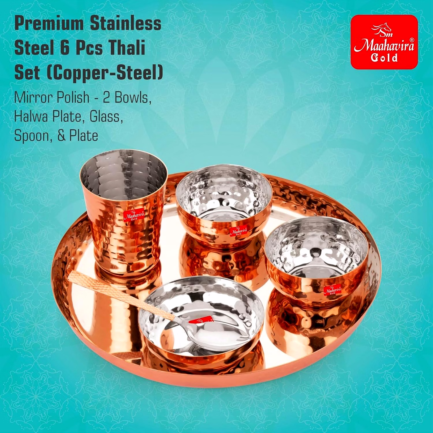 Maahavira Gold Round Copper Hammered Finish Dinner Sets Used for Home & Restaurant with 1 Thali, 2 Bowls, 1 Sweet Dish, 1 Glass & 1 Spoon-Set of 6 image 3