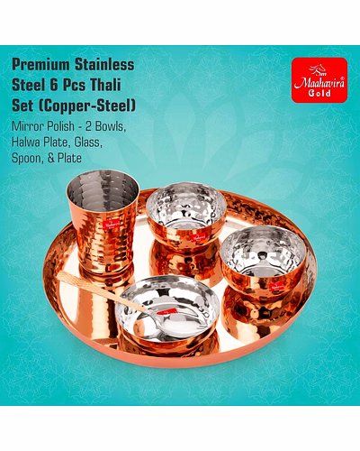 Maahavira Gold Round Copper Hammered Finish Dinner Sets Used for Home &amp; Restaurant with 1 Thali, 2 Bowls, 1 Sweet Dish, 1 Glass &amp; 1 Spoon-Set of 6-2