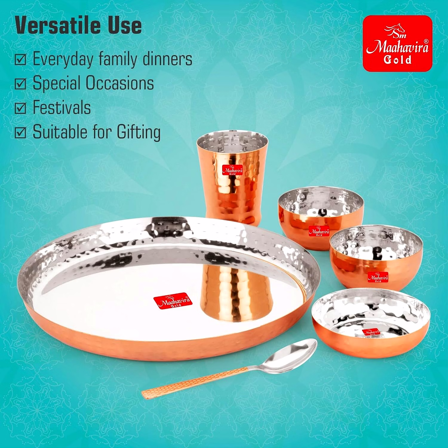 Maahavira Gold Round Copper Hammered Finish Dinner Sets Used for Home & Restaurant with 1 Thali, 2 Bowls, 1 Sweet Dish, 1 Glass & 1 Spoon-Set of 6 image 4