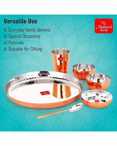 Maahavira Gold Round Copper Hammered Finish Dinner Sets Used for Home &amp; Restaurant with 1 Thali, 2 Bowls, 1 Sweet Dish, 1 Glass &amp; 1 Spoon-Set of 6-3
