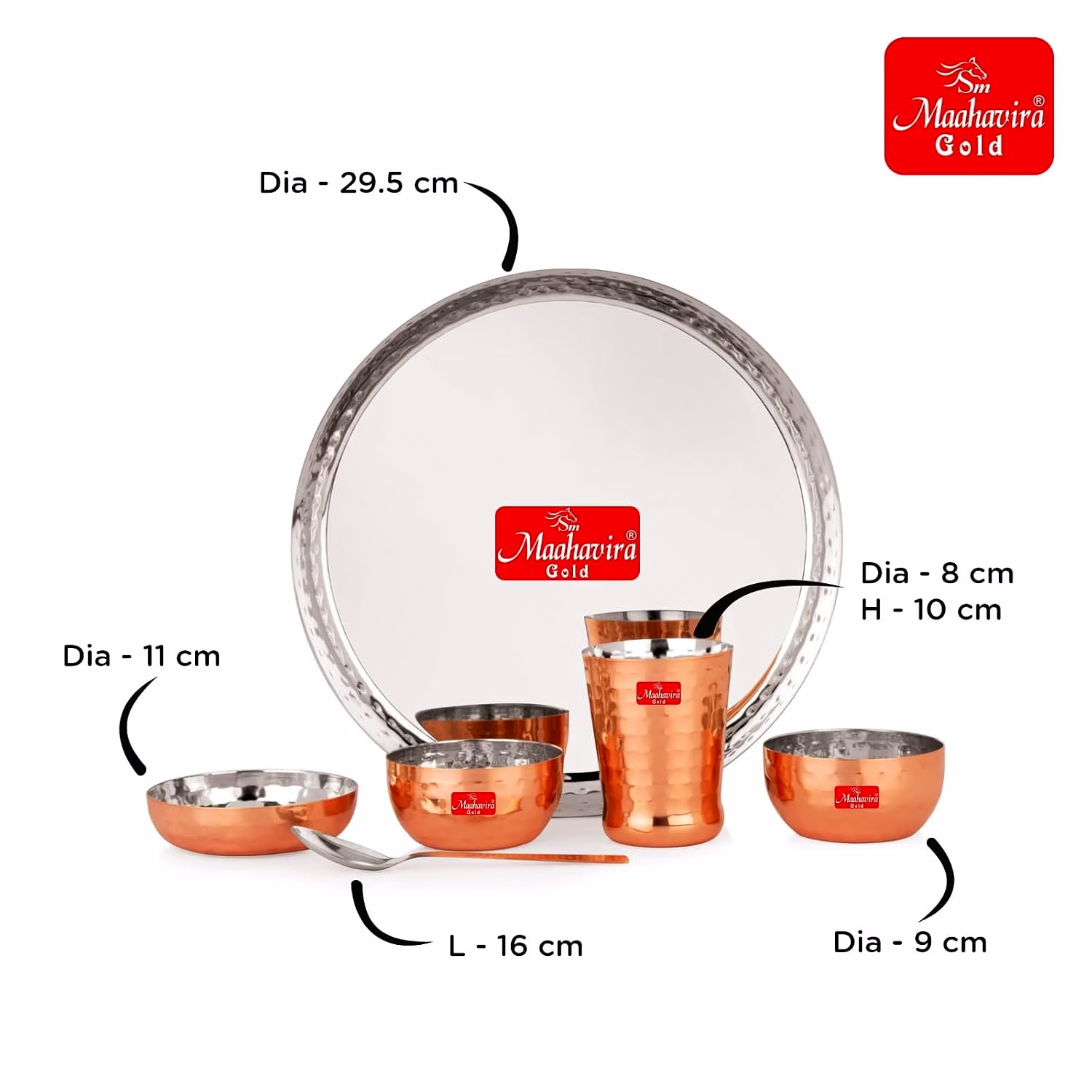 Maahavira Gold Round Copper Hammered Finish Dinner Sets Used for Home & Restaurant with 1 Thali, 2 Bowls, 1 Sweet Dish, 1 Glass & 1 Spoon-Set of 6 image 5