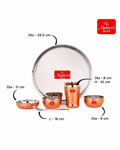 Maahavira Gold Round Copper Hammered Finish Dinner Sets Used for Home &amp; Restaurant with 1 Thali, 2 Bowls, 1 Sweet Dish, 1 Glass &amp; 1 Spoon-Set of 6-4