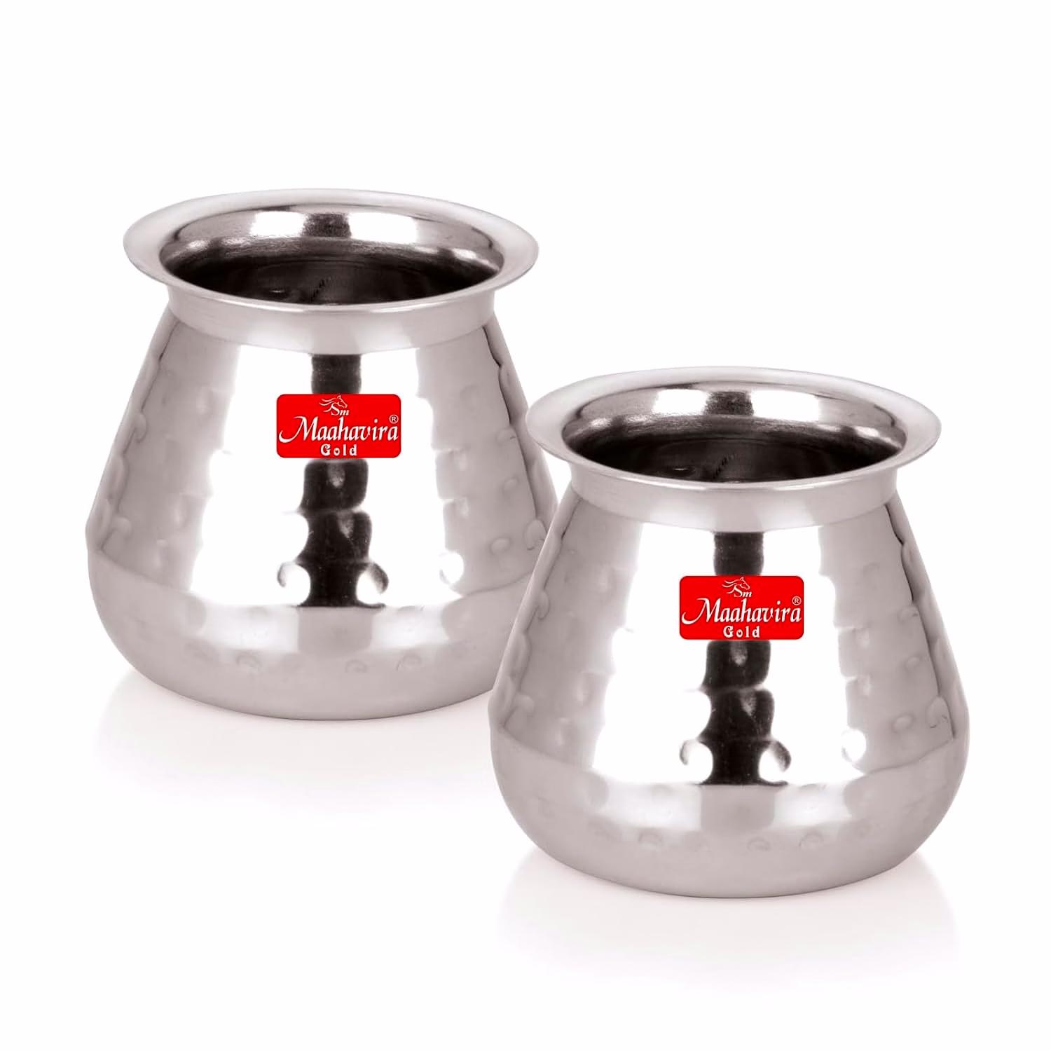 maahavira gold stainless steel carving design satarri lota for drinking water, milk, lassi, and pooja, traditional kalash lota for pooja, 250 ml - set of 2 silver