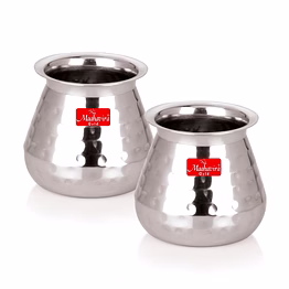 maahavira gold stainless steel carving design satarri lota for drinking water, milk, lassi, and pooja, traditional kalash lota for pooja, 250 ml - set of 2 silver