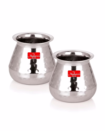 Maahavira Gold Stainless Steel Carving Design Satarri Lota for Drinking Water, Milk, Lassi, and Pooja, Traditional Kalash Lota for Pooja, 250 ml - Set of 2 Silver-mg03-01