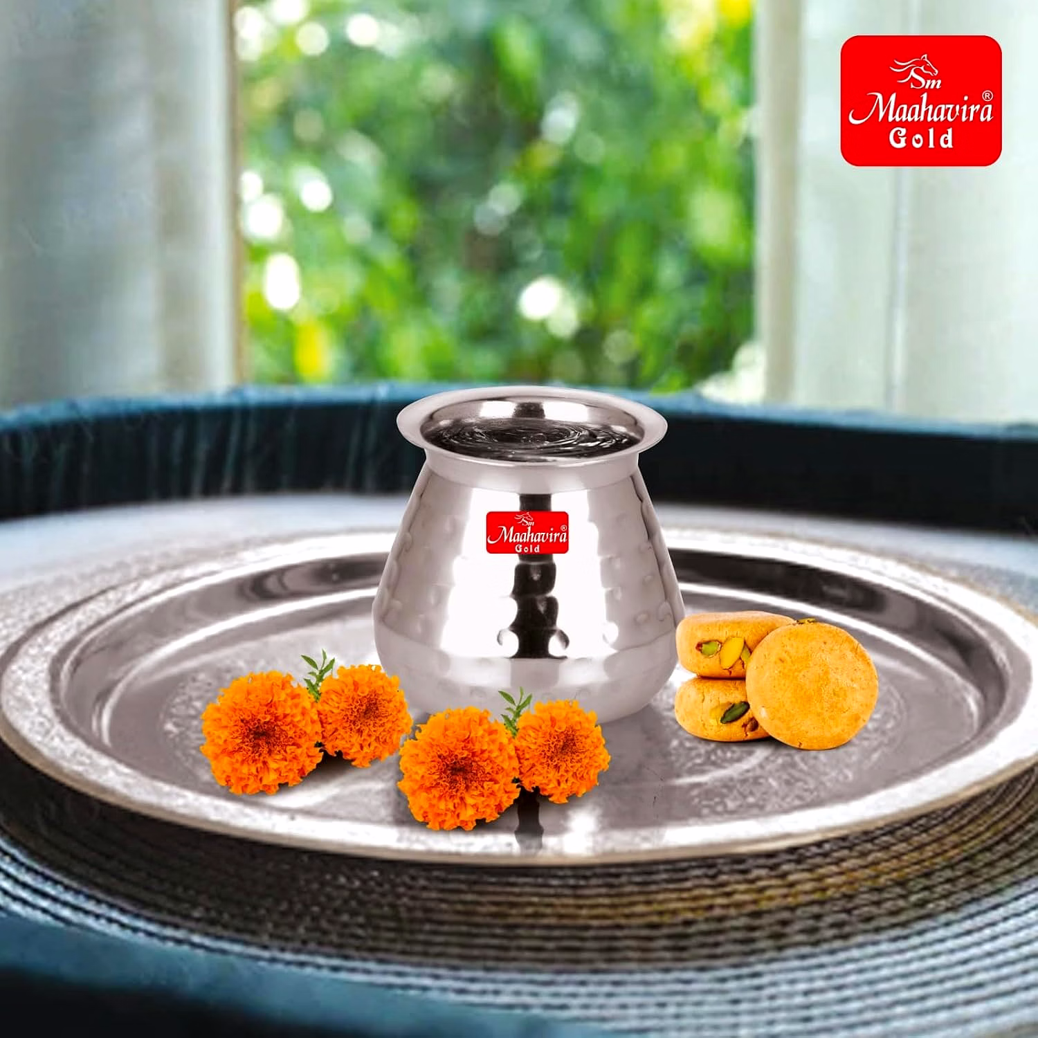 Maahavira Gold Stainless Steel Carving Design Satarri Lota for Drinking Water, Milk, Lassi, and Pooja, Traditional Kalash Lota for Pooja, 250 ml - Set of 2 Silver image 2