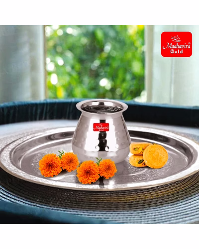 Maahavira Gold Stainless Steel Carving Design Satarri Lota for Drinking Water, Milk, Lassi, and Pooja, Traditional Kalash Lota for Pooja, 250 ml - Set of 2 Silver-1