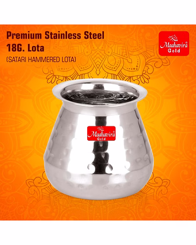 Maahavira Gold Stainless Steel Carving Design Satarri Lota for Drinking Water, Milk, Lassi, and Pooja, Traditional Kalash Lota for Pooja, 250 ml - Set of 2 Silver-2