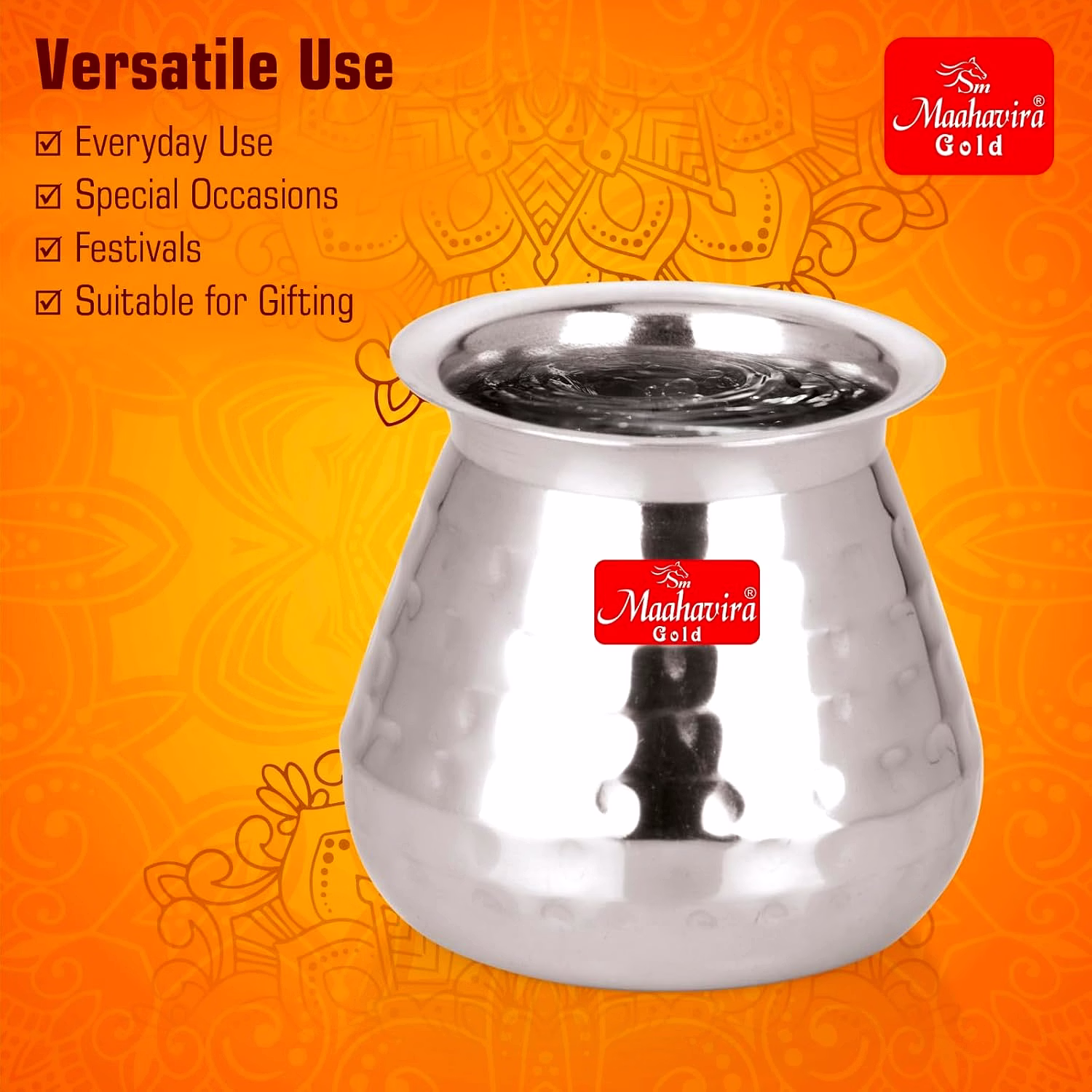 Maahavira Gold Stainless Steel Carving Design Satarri Lota for Drinking Water, Milk, Lassi, and Pooja, Traditional Kalash Lota for Pooja, 250 ml - Set of 2 Silver image 4
