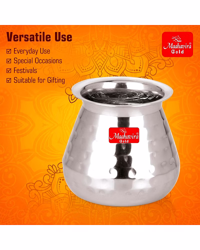 Maahavira Gold Stainless Steel Carving Design Satarri Lota for Drinking Water, Milk, Lassi, and Pooja, Traditional Kalash Lota for Pooja, 250 ml - Set of 2 Silver-3