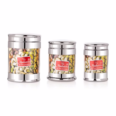 maahavira gold iconic prisma canister set (3 pcs – 400ml, 600ml, 800ml) | stainless steel storage containers with transparent window | airtight kitchen jars for tea, coffee, dry fruits