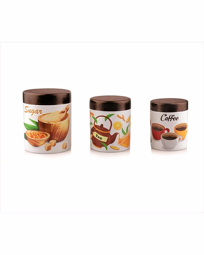 Maahavira Gold Stainless Steel Tea Coffee Sugar Canister Set (3 Pcs) | 3D Printed Kitchen Storage Jars with Copper Finish Lid | Food Grade Airtight Containers-mg05-01