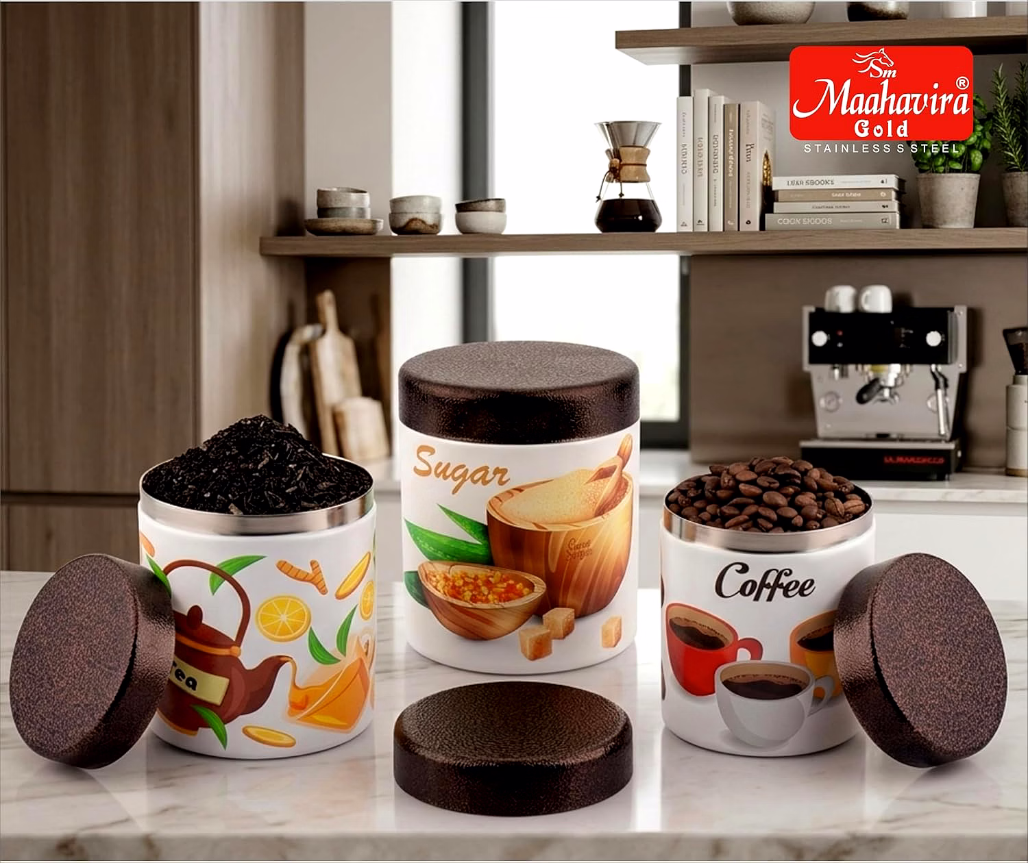 Maahavira Gold Stainless Steel Tea Coffee Sugar Canister Set (3 Pcs) | 3D Printed Kitchen Storage Jars with Copper Finish Lid | Food Grade Airtight Containers image 2